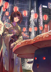  absurdres black_hair brown_eyes building celadon_city city commentary erika_(pokemon) female hairband hakama hakama_skirt hand_fan highres holding holding_fan japanese_clothes kimono lantern nazgul_(5511474) outdoors paper_lantern photoshop_(medium) pokemon pokemon_(creature) pokemon_frlg short_hair skirt smile vileplume wide_sleeves 