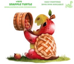  ambiguous_gender apple basket container dessert digital_media_(artwork) digital_painting_(artwork) elemental_creature english_text feral flora_fauna food food_creature fruit grass humor living_fruit pastry pie piper_thibodeau plant pun reptile scalie simple_background snapping_turtle solo text turtle url visual_pun white_background 