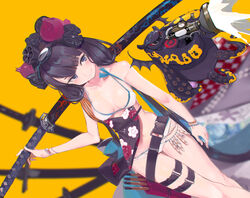  absurdres bare_shoulders belt bikini blue_eyes bracelet breasts commentary_request fate/grand_order fate_(series) female floral_print goggles goggles_on_head hair_ornament highres jewelry katsushika_hokusai_(fate) katsushika_hokusai_(swimsuit_saber)_(fate) kumonji_aruto octopus photoshop_(medium) purple_hair sheath sheathed small_breasts swimsuit sword thigh_strap tokitarou_(fate) weapon 