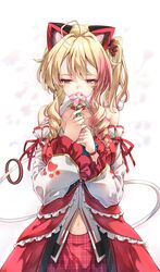  .live absurdres ahoge animal_ears bad_id bad_pixiv_id bare_shoulders black_scrunchie blonde_hair blurry blurry_background blush collarbone commentary_request covered_mouth darjeeling_(reley) depth_of_field detached_sleeves dress fake_animal_ears female floral_background flower flower_over_mouth hair_between_eyes hair_intakes hair_ornament hair_scrunchie highres holding holding_flower long_hair long_sleeves multicolored_hair navel nekonoki_mochi pink_flower pink_hair plaid plaid_skirt pleated_skirt purple_eyes red_dress red_ribbon red_skirt ribbon scrunchie side_ponytail sidelocks skirt sleeveless sleeveless_dress solo streaked_hair tail tail_raised unmoving_pattern virtual_youtuber white_sleeves 