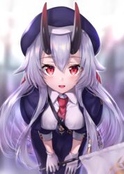  absurdres bent_over blue_jacket blue_necktie blurry blurry_background blush commentary_request fate/grand_order fate_(series) female flag gloves grey_hair hair_between_eyes hane_yuki happy highres horns jacket long_hair necktie open_mouth red_eyes red_necktie shirt shoulder_strap smile solo tomoe_gozen_(fate) tomoe_gozen_(festival_outfit)_(fate) two-tone_necktie white_flag white_gloves white_hair white_shirt 