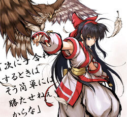  ahoge ainu_clothes baggy_pants bird bird_on_hand black_hair bow check_translation commentary_request feathers female fingerless_gloves gloves grey_eyes hairband hairbow hand_on_hilt hawk itouei knife long_hair mamahaha nakoruru outstretched_hand pants photoshop_(medium) red_bow red_hairband reverse_grip samurai_spirits sash solo_focus talons translation_request wall_of_text white_gloves 