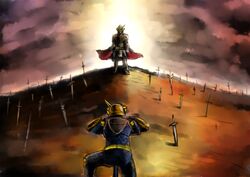  2boys archer_(fate) armor bad_id bad_pixiv_id battle belt black_cape cape commentary dual_persona emiya_shirou fate/stay_night fate/unlimited_blade_works fate_(series) field_of_blades full_armor helmet holding holding_sword holding_weapon kamen_rider kamen_rider_gaim kamen_rider_gaim_(kiwami_arms) kamen_rider_gaim_(series) lock_seed male_focus mask multiple_boys parody planted planted_sword red_cape sword tokusatsu too_many_weapons translation_request unlimited_blade_works_(fate) weapon yusuki_(fukumen) 