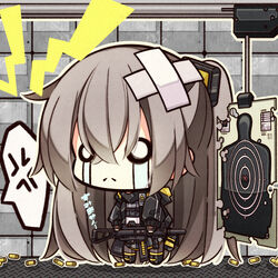  7:08 absurdres anger_vein bandages bandaid bandaid_on_head black_jacket bullet_hole chibi commentary_request crossed_bandaids crossed_bangs crying failure female frown girls&#039;_frontline grey_hair gun highres holding holding_gun holding_weapon jacket long_hair long_sleeves o_o one_side_up open_clothes open_jacket pantyhose shell_casing shooting_range silhouette_target split_mouth spoken_anger_vein streaming_tears target_practice tears ump45_(girls&#039;_frontline) very_long_hair weapon 