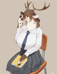  anthro bebebebebe big_breasts biped breasts chair clothed clothing countershading deer eyewear female furniture glasses horn huge_breasts kemono looking_at_viewer mammal new_world_deer reindeer reindeer-chan_(bebebebebe) simple_background sitting smile solo 