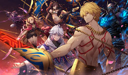  3boys 3girls ahoge alternate_earwear armlet armor arms_at_sides asymmetrical_legwear asymmetrical_sleeves aura back bare_shoulders between_breasts black_cloak black_hair black_thighhighs blonde_hair blue_fire body_markings bow braid breasts buckle chains cloak collar detached_collar dress ea_(fate/stay_night) earrings enkidu_(weapon)_(fate) ereshkigal_(fate) fate/grand_order fate/stay_night fate_(series) fire flaming_weapon floating floating_hair gilgamesh_(fate) glint glowing glowing_eyes glowing_weapon gold_footwear hair_between_eyes hair_ribbon heavenly_boat_maanna holding holding_chain holding_polearm holding_scythe holding_staff holding_weapon hood hood_down hood_up hoop_earrings horns infinity_symbol ishtar_(fate) jewelry king_hassan_(fate) kiyo_(chaoschyan) long_hair long_sleeves manly mask medium_breasts medusa_(fate) medusa_(lancer)_(fate) merlin_(fate) meslamtaea_(weapon) multiple_boys multiple_girls muscular navel neck_ring necklace open_mouth orange_eyes outstretched_arm outstretched_hand outstretched_leg pantyhose parted_bangs parted_lips plantar_flexion polearm purple_eyes purple_hair red_cloak red_eyes red_ribbon ribbon robe scythe short_hair single_sleeve single_thighhigh skull skull_mask smile spear spikes spine staff thighhighs tiara two-handed two-sided_cloak two-sided_fabric two_side_up very_long_hair weapon white_hair white_pantyhose white_robe wind yellow_cloak 