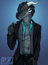  2019 4_fingers anthro bedroom_eyes black_body black_scales black_sclera blue_background blue_body blue_eyes blue_scales bottomwear button-up claws clothed clothing countershade_tail countershade_torso countershading denim denim_bottomwear denim_clothing dragon fingers front_view gradient_background grey_body grey_countershading grey_scales half-closed_eyes hand_on_leg hi_res horn idoodle2draw inviting jeans looking_at_viewer male manly mythological_creature mythological_scalie mythology narrowed_eyes overshirt pants portrait pose scales scalie seductive sharp_teeth shirt signature simple_background smile smirk solo spikes standing suit tail teasing teeth topwear undressing vest xero_(captainscales) 