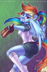  2019 5_fingers accessory action_pose alternate_form alternate_hairstyle anthro anthrofied ass ball bangs baseball_(ball) baseball_glove belt big_butt blue_body blue_eyebrows blue_feathers blue_skin blue_wings bottomwear breasts brown_clothing brown_handwear butt_pose clenched_teeth clothed clothing curvy_figure cutoffs daisy_dukes denim denim_bottomwear denim_clothing dock_(anatomy) equid equine eyebrow_through_hair eyebrows eyelashes eyeliner feather_tuft feathered_wings feathers female fingers flowing_hair fluffy fluffy_tail footwear friendship_is_magic fully_clothed furgonomic_bottomwear furgonomics glistening glistening_body glistening_eyes glistening_hair glistening_skin gradient_background green_background green_bottomwear green_clothing green_shirt green_shorts green_topwear grey_background grey_clothing grey_footwear grey_legwear grey_socks hair hair_accessory hair_tie half-closed_eyes handwear hasbro hi_res holding_ball holding_baseball holding_object hotpants hourglass_figure humanoid_hands inkkey-studios legwear light long_hair long_tail looking_at_viewer looking_back makeup mammal mascara medium_breasts multicolored_clothing multicolored_footwear multicolored_hair multicolored_legwear multicolored_shirt multicolored_socks multicolored_tail multicolored_topwear my_little_pony mythological_creature mythological_equine mythology narrowed_eyes pattern_bottomwear pattern_clothing pattern_shorts pegasus pinup ponytail portrait pose prick_ears purple_background purple_eyes rainbow_dash_(mlp) rainbow_hair rainbow_tail rear_view shadow shirt shorts simple_background slim small_waist smile snout socks solo spread_arms spread_wings standing striped_bottomwear striped_clothing striped_shorts stripes tail tail_button_bottoms tail_clothing teeth text three-quarter_portrait tight_clothing topwear translucent translucent_hair tuft two_tone_clothing two_tone_footwear two_tone_legwear two_tone_shirt two_tone_socks two_tone_topwear url watermark wavy_hair white_clothing white_footwear white_legwear white_shirt white_socks white_topwear wide_hips wing_tuft wings 