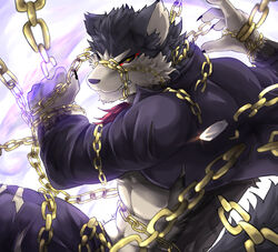  anthro black_nose black_sclera canid canine canis chains clothed clothing dog_tags domestic_dog fur garmr_(tas) hi_res lifewonders male mammal multicolored_body multicolored_fur muscular muscular_male tach8 tokyo_afterschool_summoners two_tone_body two_tone_fur yellow_eyes 