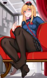  ass black_pantyhose black_skirt blonde_hair blue_jacket blush breasts commentary_request fate/grand_order fate_(series) feet female flower foot_focus from_below green_eyes hanada_yanochi hat indoors jacket long_hair long_sleeves looking_at_viewer medium_breasts no_shoes pantyhose parted_lips red_hat reines_el-melloi_archisorte sitting skirt solo teeth translation_request white_hat 