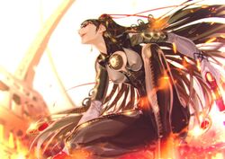  amulet ankle_gun bayonetta bayonetta_(series) beehive_hairdo bodysuit commentary_request earrings eyeshadow female glasses gun handgun highres jewelry kara_namako lipstick long_hair makeup mole mole_under_mouth quadruple_wielding simple_background solo weapon 