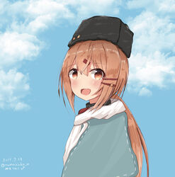  :d absurdres bad_id bad_pixiv_id black_hat blue_shawl blue_sky brown_eyes brown_hair commentary_request female from_side fur_hat hair_ornament hairclip hat highres kantai_collection long_hair looking_at_viewer low_twintails numarinko open_mouth papakha ribbon_trim scarf shawl sky smile solo star_(symbol) tashkent_(kancolle) twintails upper_body white_scarf 