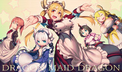  5girls apron blonde_hair blue_eyes blush breasts cleavage cosplay dragon_girl dragon_horns dragonmaid_hausky dragonmaid_hausky_(cosplay) dragonmaid_laudry dragonmaid_laudry_(cosplay) dragonmaid_nasary dragonmaid_nasary_(cosplay) dragonmaid_parla dragonmaid_parla_(cosplay) duel_monster elma_(maidragon) glasses hat horns kanna_kamui kobayashi-san_chi_no_maidragon kobayashi_(maidragon) large_breasts long_hair looking_at_viewer maid maid_apron maid_dress maid_headdress multiple_girls nurse nurse_cap open_mouth quetzalcoatl_(maidragon) red_eyes rotix short_hair silver_hair small_breasts smile tooru_(maidragon) yuu-gi-ou 