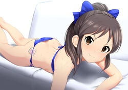  3: alternate_costume arm_support ass bare_legs bare_shoulders bikini blue_bikini blue_bow blush bow brown_eyes brown_hair butt_crack closed_mouth commentary_request condom condom_in_clothes condom_wrapper female hairbow idolmaster idolmaster_cinderella_girls long_hair looking_at_viewer lowleg lowleg_bikini lying namidate object_in_clothes object_in_swimsuit on_stomach ponytail ribs side-tie_bikini_bottom solo string_bikini sweat swimsuit tachibana_arisu v-shaped_eyebrows 