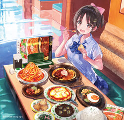  blue_bow blue_bowtie blue_skirt bow bowl bowtie brown_eyes commentary doria_(food) doukyuusei_(hanekoto) egg_(food) escargot female food fried_egg hair_ornament hair_ribbon hairbow hairclip hamburger_steak hanekoto highres holding holding_spoon indoors margherita_pizza menu napkin napolitan original pasta pink_bow pizza pleated_skirt ponytail restaurant ribbon rice rice_bowl saizeriya sausage school_uniform shirt short_ponytail short_sleeves sitting skirt solo spaghetti spoon too_much_food twitter_username white_shirt 