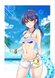  beach bikini bikini_under_clothes blue_bikini blue_hair blush ca_ba_ya_ki commentary_request cowboy_shot day earrings female hair_between_eyes hair_ornament hairclip holding innertube jewelry long_hair looking_at_viewer love_live! love_live!_school_idol_festival love_live!_school_idol_project navel necklace outdoors parted_lips ponytail short_shorts shorts side-tie_bikini_bottom smile solo sonoda_umi standing swim_ring swimsuit yellow_eyes 