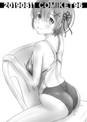  ass blunt_bangs chair circle_cut commentary_request competition_swimsuit cowboy_shot female from_behind greyscale hair_between_eyes hair_ornament hair_ribbon highres looking_at_viewer looking_back monochrome on_chair one-piece_swimsuit re:zero_kara_hajimeru_isekai_seikatsu rem_(re:zero) ribbon short_hair sitting sitting_backwards solo swimsuit tk4 white_background x_hair_ornament 