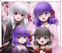  4girls aged_down black_hair blue_eyes cokata corruption dark_persona dark_sakura empty_eyes fate/stay_night fate/zero fate_(series) hair_bobbles hair_ornament hair_ribbon heaven&#039;s_feel lolicon long_hair looking_at_viewer matou_sakura multiple_girls multiple_persona open_mouth photoshop_(medium) purple_eyes purple_hair ribbon short_hair smile tohsaka_sakura turtleneck twintails white_hair 