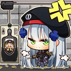  &gt;:( 7:08 absurdres ahe_gao anger_vein assault_rifle black_headwear blunt_bangs chibi closed_mouth commentary_request female frown german_flag girls&#039;_frontline goggles goggles_around_neck green_eyes grey_hair gun h&amp;k_hk416 hair_ornament highres hk416_(girls&#039;_frontline) holding holding_gun holding_weapon jacket long_hair looking_at_viewer m16a1_(girls&#039;_frontline) miniskirt plaid plaid_skirt pleated_skirt puff_of_air purple_jacket purple_skirt rifle shell_casing shooting_range sidelocks silhouette_target skirt solo standing target_practice v-shaped_eyebrows very_long_hair weapon 