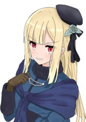  atsumisu bad_id bad_pixiv_id beret black_hat black_ribbon blonde_hair blue_dress blunt_bangs blush brown_gloves dress fate/grand_order fate_(series) female flower gloves grey_flower grey_rose grin hair_flower hair_ornament hair_ribbon hand_up hat long_hair long_sleeves looking_at_viewer lord_el-melloi_ii_case_files red_eyes reines_el-melloi_archisorte ribbon rose simple_background smile solo tilted_headwear v-shaped_eyebrows very_long_hair white_background 