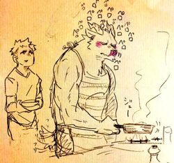  appliance apron athletic blush bowl clothing container cooking fire fur hair horn human licking mammal muscular nomifuki pan self_lick simple_background steam stove tongue tongue_out wag 