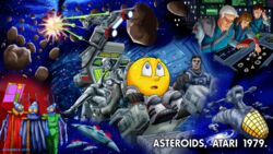  16:9 aircraft alien arthropod asteroid asteroids_(video_game) atariboy2600 bandai_namco blue_eyes crossover cynthia_(asteroids) group hi_res human insects john_strohmeyer laser machine mammal not_furry_focus pac-man pac-man_(series) robot space spacecraft vehicle waddling_head widescreen yellow_body yellow_skin 