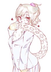  2016 4_fingers anthro blonde_hair blush bottomwear clothed clothing felid female fingers hair japanese_text kemono leopard looking_at_viewer mammal nom pantherine simple_background skirt solo standing tail_nom text white_background xenon50mm 