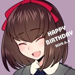  artist_name blush bob_cut closed_eyes commentary_request do_m_kaeru female hair_ribbon happy_birthday mole mole_under_mouth open_mouth persona persona_1 portrait purple_background red_ribbon ribbon school_uniform short_hair signature simple_background smile solo sonomura_maki st._hermelin_school_uniform 