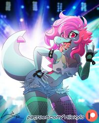  4:5 alternative_fashion anthro clothed clothing female fingerless_gloves generation_2_pokemon gloves hair hamsteroftime handwear legwear navel navel_piercing nintendo open_mouth piercing pink_hair pokemon pokemon_(species) punk reptile scalie solo spikes tongue tongue_piercing totodile 