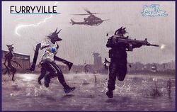  2014 aa-12 aircraft airport anthro blue_border border canid canine canis coyote decay dubmare electricity female fox glowing glowing_eyes group gun helicopter holding_gun holding_object holding_ranged_weapon holding_weapon hybrid jackal lightning male mammal monster nightmare_fuel outside raining ranged_weapon running shooting shotgun sligar sligarthetiger tower vehicle weapon 