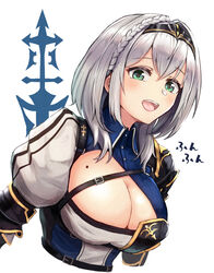  armor belt belt_buckle black_armor blue_collar braid breasts buckle buttons chest_belt circlet cleavage cleavage_cutout clothing_cutout collar commentary_request female gold_trim green_eyes grey_hair hololive large_breasts looking_at_viewer medium_hair mole mole_on_breast moppo open_mouth shirogane_noel shirogane_noel_(1st_costume) shoulder_armor solo teeth tongue upper_body virtual_youtuber wavy_hair white_background 