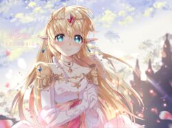  artist_name blonde_hair blush breasts castle collarbone commentary dress drill_hair earrings english_commentary female gem gloves green_eyes highres jewelry lazoomaiga long_hair looking_at_viewer medium_breasts necklace outdoors pointy_ears princess_zelda smile solo the_legend_of_zelda triforce upper_body white_dress white_gloves 