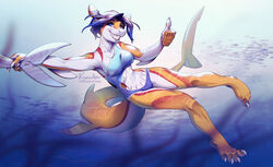  2019 4_toes 5_fingers anthro barefoot belly_cutout blue_eyes breasts claws clothed clothing curling_toes cutout digital_media_(artwork) feet female fingers fish gesture grin hand_gesture kira_(specter01) kyander looking_at_viewer low-angle_view marine non-mammal_breasts paws plantigrade shark sharkini smile solo spread_toes swimwear thumbs_up toe_claws toes underwater water 