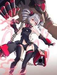  aliceblue artist_name bare_shoulders black_leotard black_thighhighs breasts bronya_zaychik bronya_zaychik_(black_nucleus) clenched_hand commentary_request drill_hair electricity facial_mark female floating gloves gradient_background grey_hair hair_between_eyes hair_ornament headgear highres honkai_(series) honkai_impact_3rd korean_commentary leotard long_hair machinery outstretched_arm project_bunny red_eyes revision simple_background small_breasts solo symbol-shaped_pupils thighhighs torn_clothes torn_leotard twin_drills 