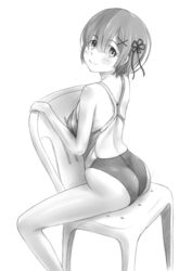  ass blunt_bangs chair commentary_request competition_swimsuit feet_out_of_frame female from_behind greyscale hair_between_eyes hair_ornament hair_ribbon highres looking_at_viewer looking_back monochrome on_chair one-piece_swimsuit re:zero_kara_hajimeru_isekai_seikatsu rem_(re:zero) ribbon short_hair sitting sitting_backwards solo swimsuit tk4 white_background x_hair_ornament 