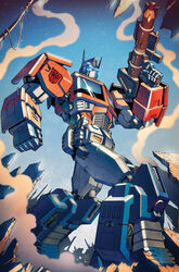  1boy autobot casey_w._coller clenched_hand collaboration comic_cover cover cover_page glowing glowing_eyes gun holding holding_gun holding_weapon insignia joana_lafuente looking_ahead male_focus mecha no_humans official_art optimus_prime optimus_prime_(idw) robot science_fiction smoke solo the_transformers_(idw) transformers weapon 