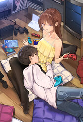  1boy bare_arms bare_shoulders bedroom black-framed_eyewear black_legwear breasts brown_eyes brown_hair chinese_commentary collarbone commentary controller dress feet female fingernails full_body game_console game_controller glasses highres holding holding_controller holding_removed_eyewear indoors lap_pillow long_hair lu_(yewang19) nintendo_switch no_shoes original pantyhose pillow revision sitting skirt soles television unworn_eyewear yellow_dress yewang19 yu_xuan_(yewang19) 