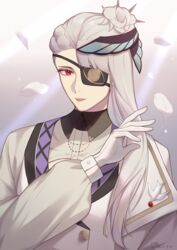  1boy eyepatch flower hair_flower hair_ornament hand_up highres hyde_jayer kagami_(kgmgts) lapel_pin light_rays long_hair long_sleeves looking_at_viewer male_focus puffy_long_sleeves puffy_sleeves red_eyes solo upper_body visual_prison white_hair 