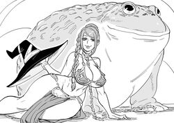  animal arm_support bb_(baalbuddy) braid breasts chain_between_breasts chain_leash chained chains cleavage commentary cosplay dragon&#039;s_crown english_commentary female frog greyscale hair_over_shoulder half-closed_eyes hat highres holding holding_clothes holding_hat huge_breasts leash long_hair looking_at_viewer monochrome oversized_animal parted_lips pelvic_curtain princess_leia_organa_solo princess_leia_organa_solo_(cosplay) seductive_smile sitting slave smile solo sorceress_(dragon&#039;s_crown) star_wars star_wars:_return_of_the_jedi toad_(animal) unworn_hat unworn_headwear wide_hips yokozuwari 