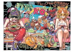  2girls 6+boys :p black_hair blonde_hair breasts brook_(one_piece) burger cleavage controller copyright_name cosplay crossover crown cup curly_eyebrows disposable_cup donkey_kong donkey_kong_(cosplay) donkey_kong_(series) english_text everyone eyelashes fighting food franky_(one_piece) french_fries game_controller gladiator_sandals happy hat headgear headset high_heels jinbe_(one_piece) k.o. ken_masters ken_masters_(cosplay) link link_(cosplay) long_hair mario_(series) monkey_d._luffy morrigan_aensland morrigan_aensland_(cosplay) multiple_boys multiple_girls nami_(one_piece) nico_robin non-web_source oda_eiichirou official_alternate_costume official_art one_piece orange_hair pantyhose roronoa_zoro sandals sanji_(one_piece) scar scar_across_eye shield shoes short_hair sitting smile straw_hat_pirates street_fighter super_smash_bros. sword tattoo the_legend_of_zelda tongue tongue_out tony_tony_chopper tunic usopp vampire_(game) wavy_hair weapon 