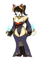  6ironknight9 anthro asian_clothing asian_mythology breasts clothing domestic_cat ear_piercing ear_ring east_asian_clothing east_asian_mythology felid feline felis female hi_res japanese_clothing japanese_mythology mammal mythology neko_kami nekomata piercing ring_piercing smile solo standing yokai 