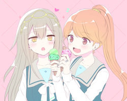  2girls commentary food grey_hair ice_cream jewelry kanechitomoyo kirari_hikaru kureha_yuna long_hair magia_record:_mahou_shoujo_madoka_magica_gaiden mahou_shoujo_madoka_magica multiple_girls orange_eyes orange_hair pale_color pastel_colors ponytail ring school_uniform torayamachi_academy_school_uniform yellow_eyes 