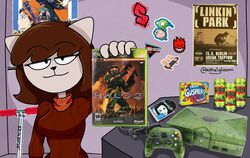  2000s_theme :3 a_kitty_bobo_show anthro astralgloom band_merch bedroom breasts brown_hair clothing console controller cool_s domestic_cat doritos english_text evanescence felid feline felis female fooly_cooly frito-lay fur game_controller hair halo_(series) holding_object inside invader_zim linkin_park maggie_(kitty_bobo) mammal medium_breasts microsoft nickelodeon poster scooter smug solo sticker surge_(drink) sweater tan_body tan_fur text topwear xbox xbox_game_studios 