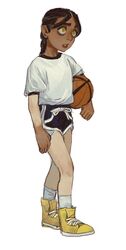  ball basketball basketball_(object) black_hair blue_shorts boots braid dolphin_shorts female freckles full_body highres holding lolicon long_hair mindle_(mossacannibalis) mossacannibalis original parted_lips shirt short_sleeves shorts simple_background socks solo standing white_background white_shirt white_socks yellow_eyes yellow_footwear 