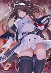  2318257725 absurdres azur_lane black_coat black_hair bow breasts brown_eyes chinese_commentary coat commentary_request female floating_hair gloves hair_over_one_eye hairbow half_gloves hammer_and_sickle highres holding holding_sword holding_weapon jacket katana large_breasts long_hair looking_at_viewer military military_uniform panties pleated_skirt skirt standing sword takao_(azur_lane) takao_(meta)_(azur_lane) thighhighs underwear uniform weapon white_gloves white_jacket white_panties white_skirt 