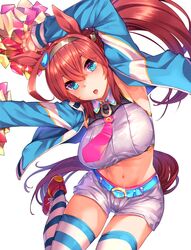  aaru_(tenrake_chaya) ahoge animal_ears belt blue_eyes blue_jacket breasts brown_hair collared_shirt cosplay crop_top female glint hairband highres holding holding_pom_poms horse_ears horse_girl horse_tail jacket large_breasts lips long_hair looking_at_viewer midriff mihono_bourbon_(umamusume) navel necktie nice_nature_(run&amp;win)_(umamusume) nice_nature_(umamusume) nice_nature_(umamusume)_(cosplay) open_clothes open_jacket open_mouth outstretched_arms pink_necktie pom_pom_(cheerleading) red_footwear shirt shoes shorts simple_background sleeveless sleeveless_shirt sneakers solo sparkle striped_clothes striped_thighhighs tail thighhighs umamusume white_background white_shirt white_shorts 