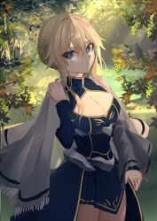  ahoge armor artoria_pendragon_(fate) artoria_pendragon_(lancer)_(fate) blonde_hair blue_eyes braid braided_bun breasts cleavage cloak closed_mouth dress fate/grand_order fate_(series) female forest hair_between_eyes hair_bun highres kaze_minoru_so-ru large_breasts leaf long_sleeves looking_at_viewer medium_hair nature sidelocks sleeveless sleeveless_turtleneck solo sunlight tree turtleneck 