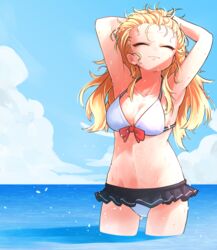  absurdres alternate_hairstyle armpits arms_behind_head arms_up ass_visible_through_thighs bad_id bad_pixiv_id bikini bikini_skirt blonde_hair blue_sky boku_no_hero_academia breasts closed_eyes closed_mouth cloud commentary_request day female groin hair_down hair_pulled_back halterneck hand_in_own_hair highres horizon jipponwazaari legs_apart light_smile long_hair medium_breasts messy_hair microskirt navel outdoors partial_commentary pleated_skirt shadow skirt sky solo standing swimsuit toga_himiko wading water wet white_bikini 