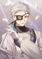  1boy dimitri_romanee eyepatch gloves grey_hair highres kagami_(kgmgts) lapel_pin leaf light_rays long_sleeves looking_at_viewer male_focus puffy_long_sleeves puffy_sleeves red_eyes shirt smile solo upper_body visual_prison white_gloves white_hair white_shirt 