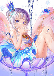  baizu_(guszx) blue_eyes breasts cake cake_slice closed_mouth company_name copyright_notice crown dress female food fork hands_up highres holding holding_fork knees_up leaning_back looking_at_viewer mini_crown shironeko_project short_hair sidelocks sitting small_breasts solo strapless strapless_dress tina_topia white_hair wiping_mouth 